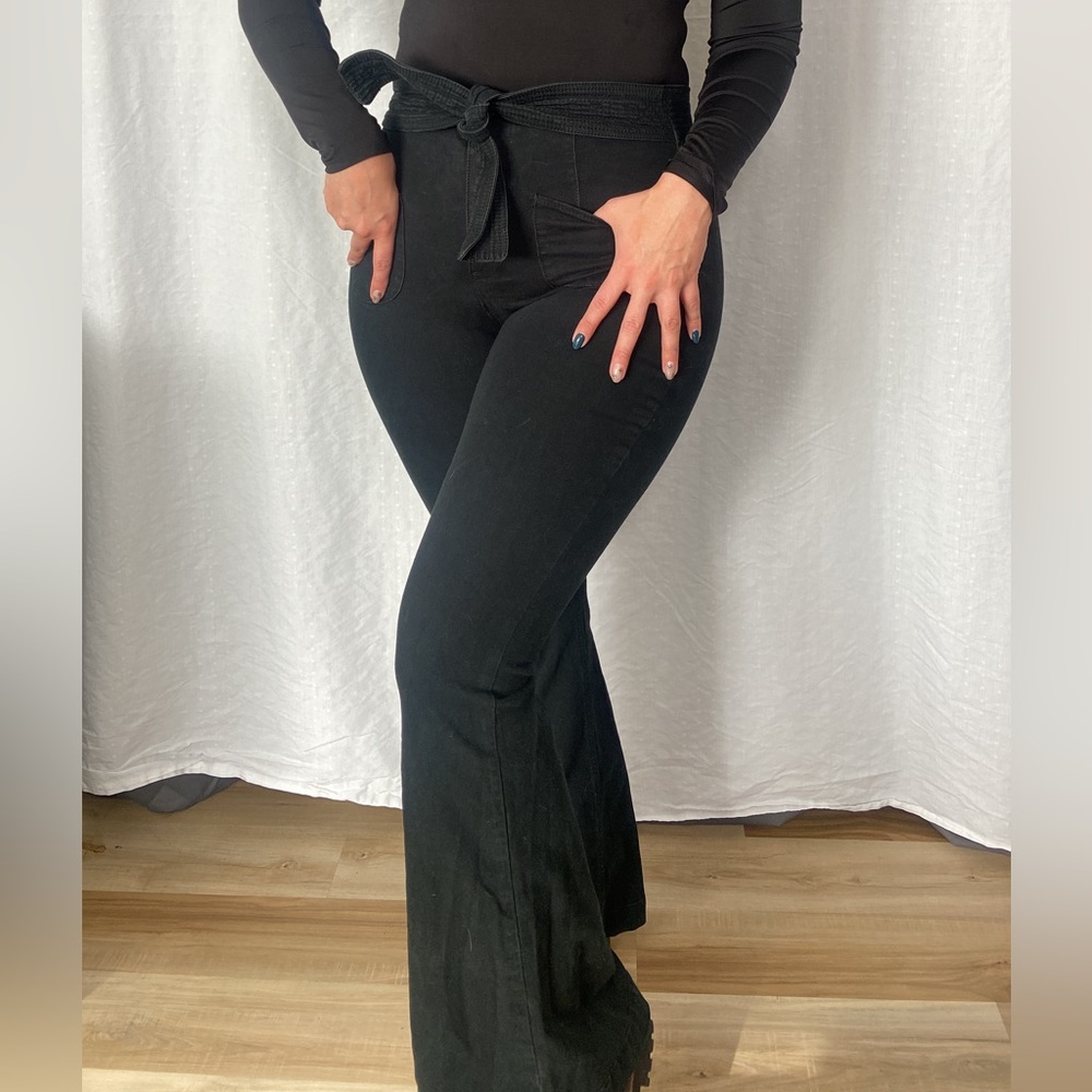 Black Stretchy Flare Pants with Tie Waist
